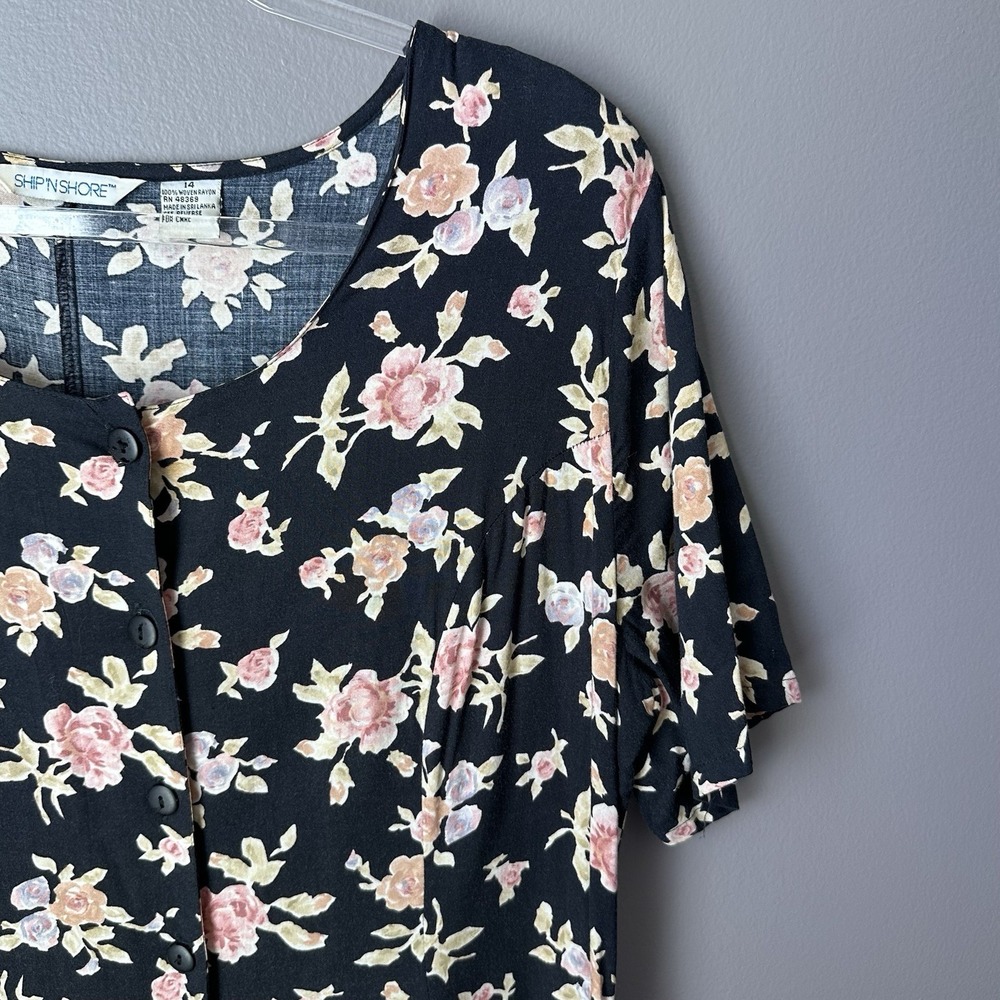 Vintage Ship N Shore Button Down Maxi Dress Womens 14 Black Floral Tie Back 90s - Picture 8 of 14